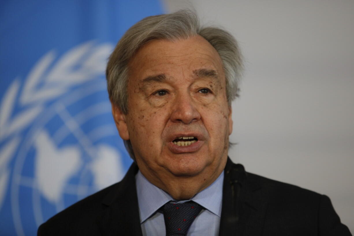 FILE - The Secretary-General of the United Nations, Antonio Guterres, addresses the media during a joint press conference with the President of Austria, Alexander Van der Bellen, in Vienna, Austria, Wednesday, May 11, 2022. Guterres is on Wednesday, May 18 launching a five-point plan to jump-start broader use of renewable energies as the U.N. weather agency reported that greenhouse gas concentrations, ocean heat, sea-level rise, and ocean acidification hit new records last year.