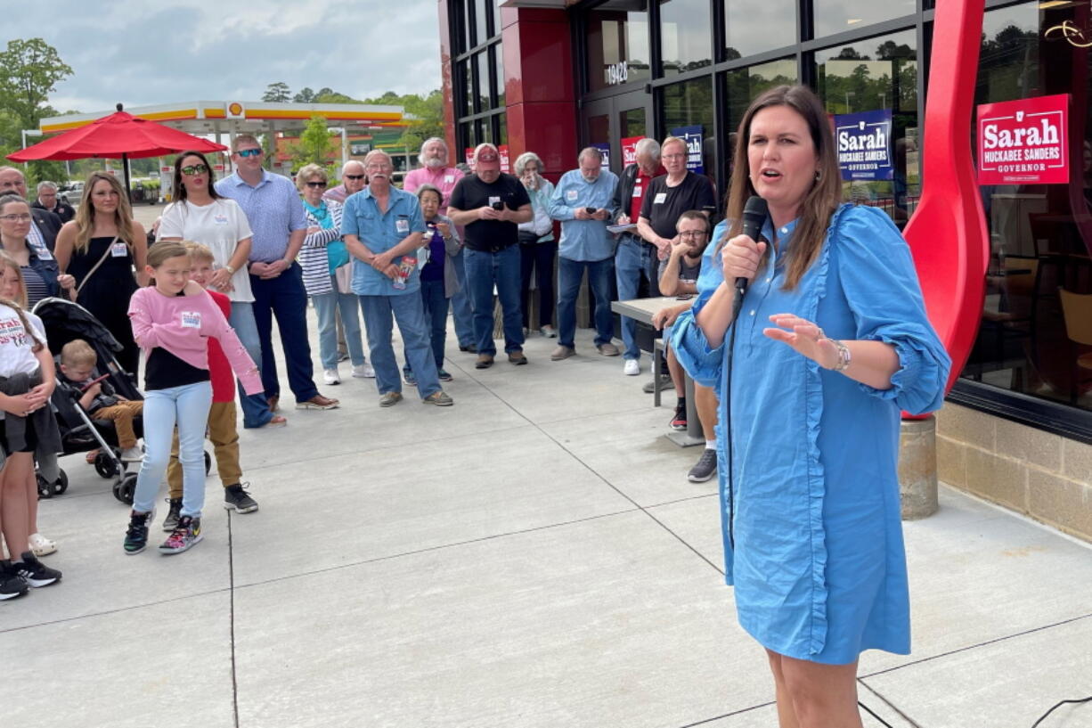 Former White House Press Secretary Sarah Sanders speaks at a campaign stop at a Dairy Queen in Little Rock, Ark., Monday, May 2, 2022. Sanders is seeking the Republican nomination for governor in the Arkansas primary.