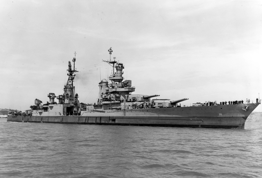FILE - In this July 10, 1945, photo provided by U.S. Navy, the USS Indianapolis (CA 35) is shown off the Mare Island Navy Yard, in Vallejo, Calif. The U.S. Navy on Friday, May 27, 2022, said it has changed the status of 13 sailors who were lost when Japanese torpedoes sank the USS Indianapolis July 30, 1945. There were only 316 survivors among the ship's crew of 1,195 sailors. About 300 went down with the ship and about 900 men were set adrift. (U.S.