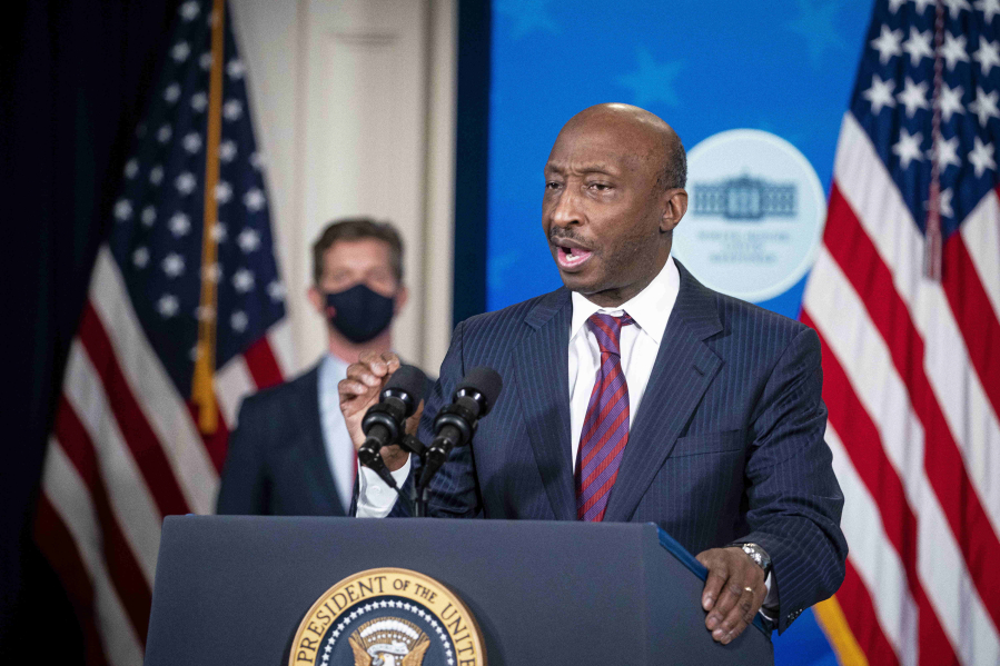 Ken Frazier, chairman and chief executive officer of Merck & Co., speaks as Alex Gorsky, chief executive officer of Johnson & Johnson, listens during an event in the Eisenhower Executive Office Building in Washington, D.C., on Wednesday, March 10, 2021.