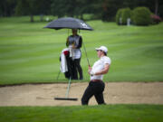 Graham Moody of Vancouver hits out of a bunker on the 16th hole at the Royal Oaks Invitational Tournament on Friday, June 10, 2022.