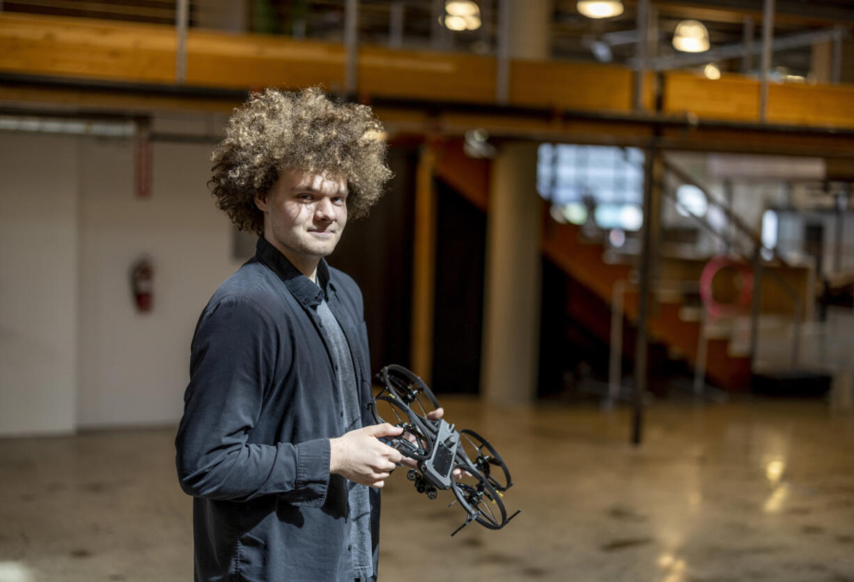 At Brinc???s Seattle headquarters, CEO Blake Resnick holds a Lemur drone, used by first responders to reach dangerous or inaccessible places.