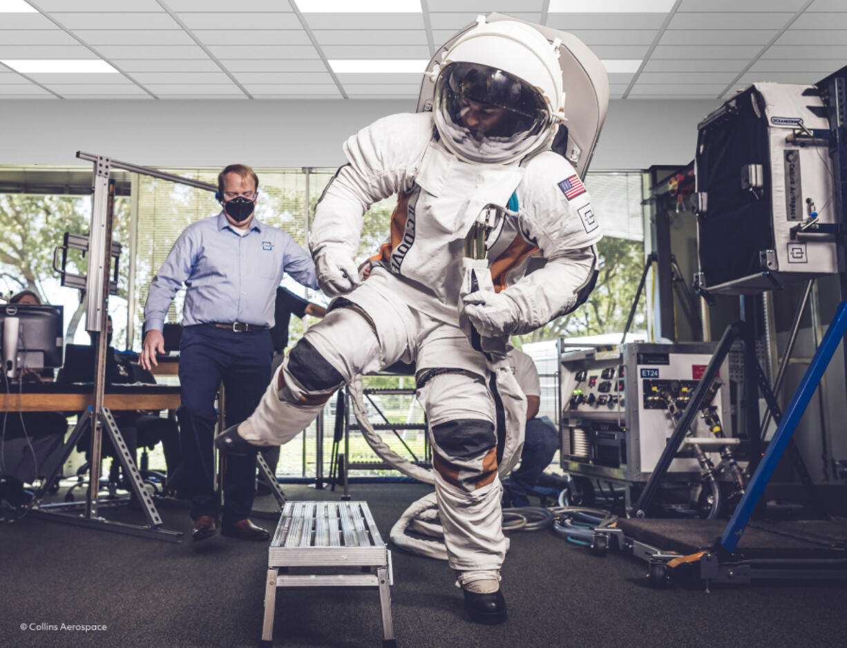 The next-generation spacesuit being designed by Collins Aerospace and partners ILC Dover and Oceaneering as part of a NASA contract awarded in June 2022.