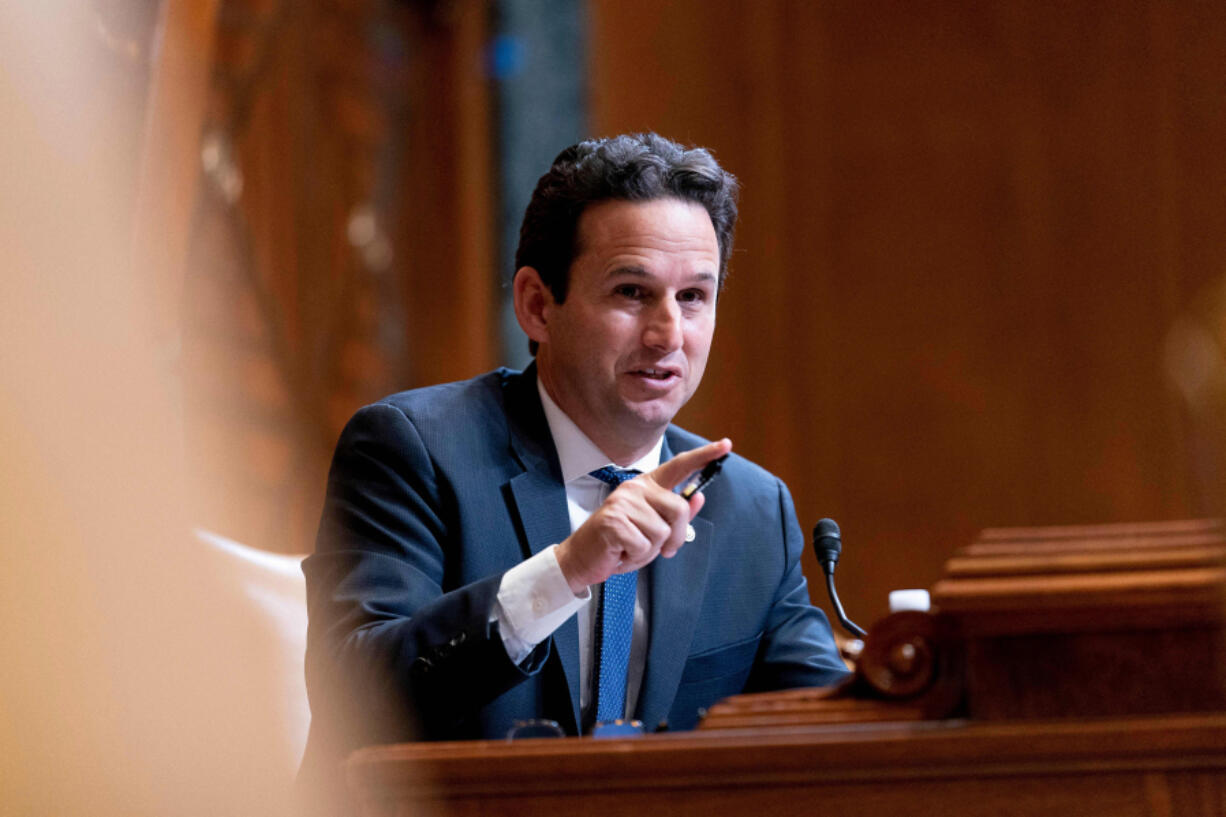 Senator Brian Schatz, D-Hawaii, speaks as Commerce Secretary Gina Raimondo, testifies before a Senate Appropriations Subcommittee on Commerce, Justice, Science, and Related Agencies hearing on Capitol Hill in Washington, D.C., on Feb. 1, 2022.