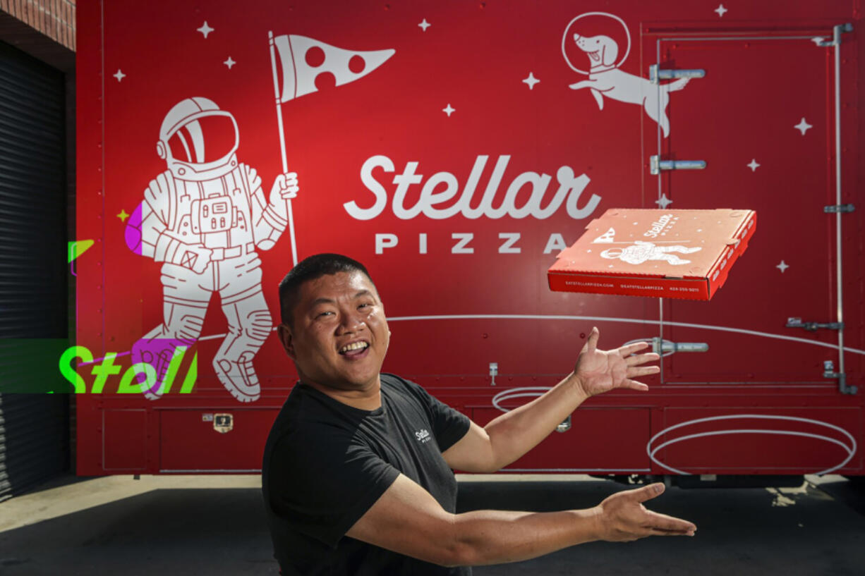 Benson Tsai, CEO and Co-founder, a former SpaceX engineer built a robot the size of a food truck that can be load with pizza dough balls and all the toppings and can then go out and make a pizza on demand every 90 seconds. Tsai was photographed in front of the truck at Stellar Pizza headquarters on Thursday, April 21, 2022 in Hawthorne, California.