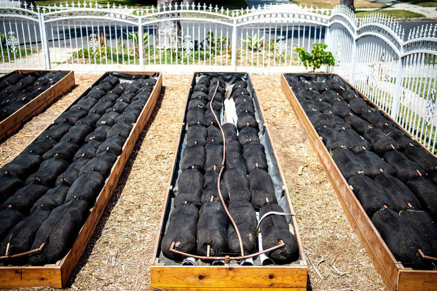 La Salle Microfarm fills its raised beds with sausagelike bundles of soil on top of impermeable pond liner, so the runoff from watering the plants can be collected and diverted back to the storage tanks where it is used again and again for irrigation.