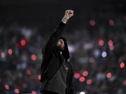 Eminem performs during halftime of Super Bowl LVI at SoFi Stadium on Feb. 13 in Inglewood, Calif.