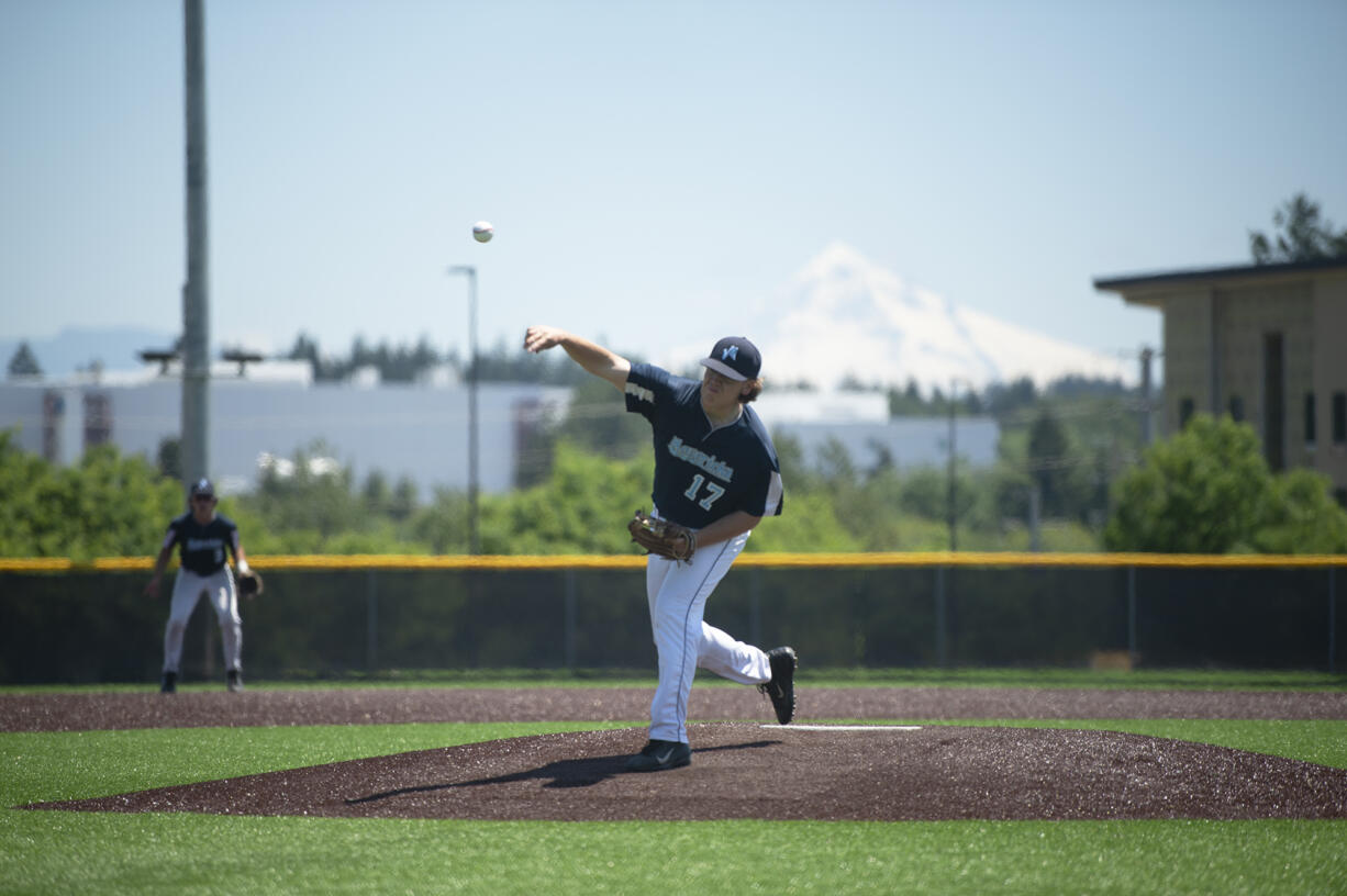Patrick Kurfurst (17) delivers a pitch for the Vancouver Mavericks in their 3-2 loss to the Portland Baseball Club in the opening game of the Curt Daniels Invitational on Wednesday, June 29, 2022 at Union High School (Tim Martinez/The Columbian)