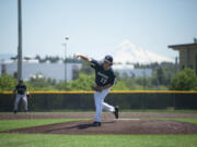 Patrick Kurfurst (17) delivers a pitch for the Vancouver Mavericks in their 3-2 loss to the Portland Baseball Club in the opening game of the Curt Daniels Invitational on Wednesday, June 29, 2022 at Union High School (Tim Martinez/The Columbian)