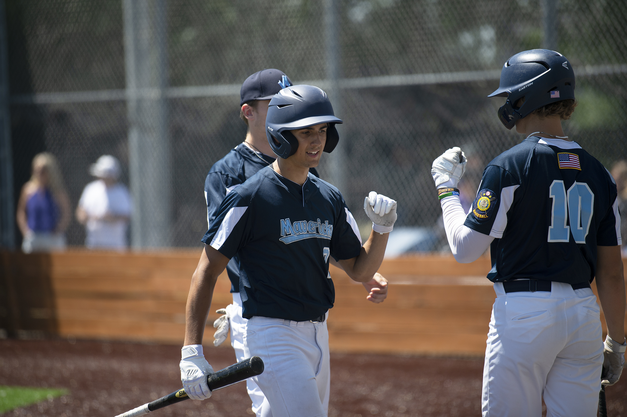 The Vancouver Mavericks' Zach Blair is greeted by Mitch Johnson after scoring in the Mavericks' 3-2 loss to the Portland Baseball Club in the opening game of the Curt Daniels Invitational on Wednesday, June 29, 2022 at Union High School (Tim Martinez/The Columbian)