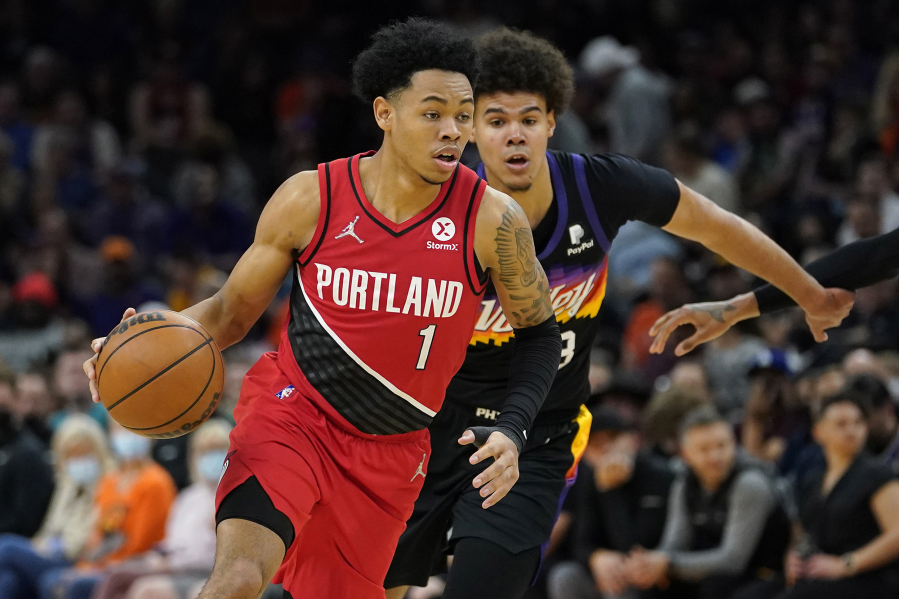 Portland Trail Blazers guard Anfernee Simons (1) agreed to a four-year, $100 million contract on the first day of NBA free agency on Thursday, June 30, 2022..