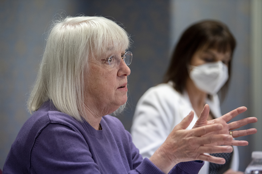 U.S. Sen. Patty Murray, left, participates in a roundtable discussion about mental health with Family Solutions Executive Director Lisa Carpenter on Wednesday morning.