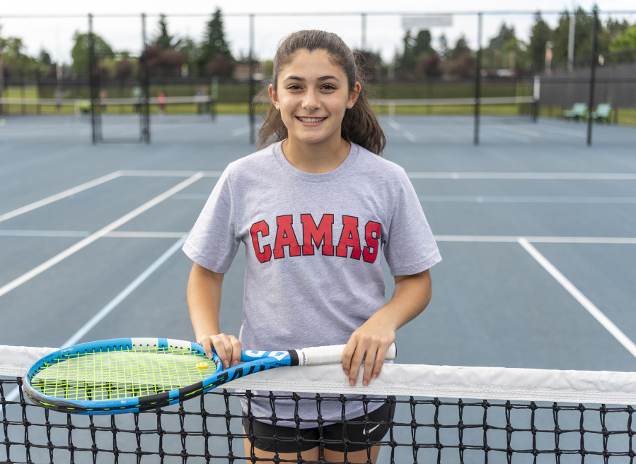 Camas freshman Hailey Kerker poses for a portrait Monday, June 6, 2022, at Vancouver Tennis Center. Kerker is The Columbian's  All-Region girls tennis player of the year.