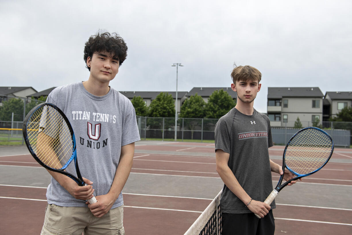 James Bertheau, left, and Jacob Flentke, our All-Region boys tennis players of the year, are pictured on campus at Union High School on Tuesday afternoon, June 7, 2022.