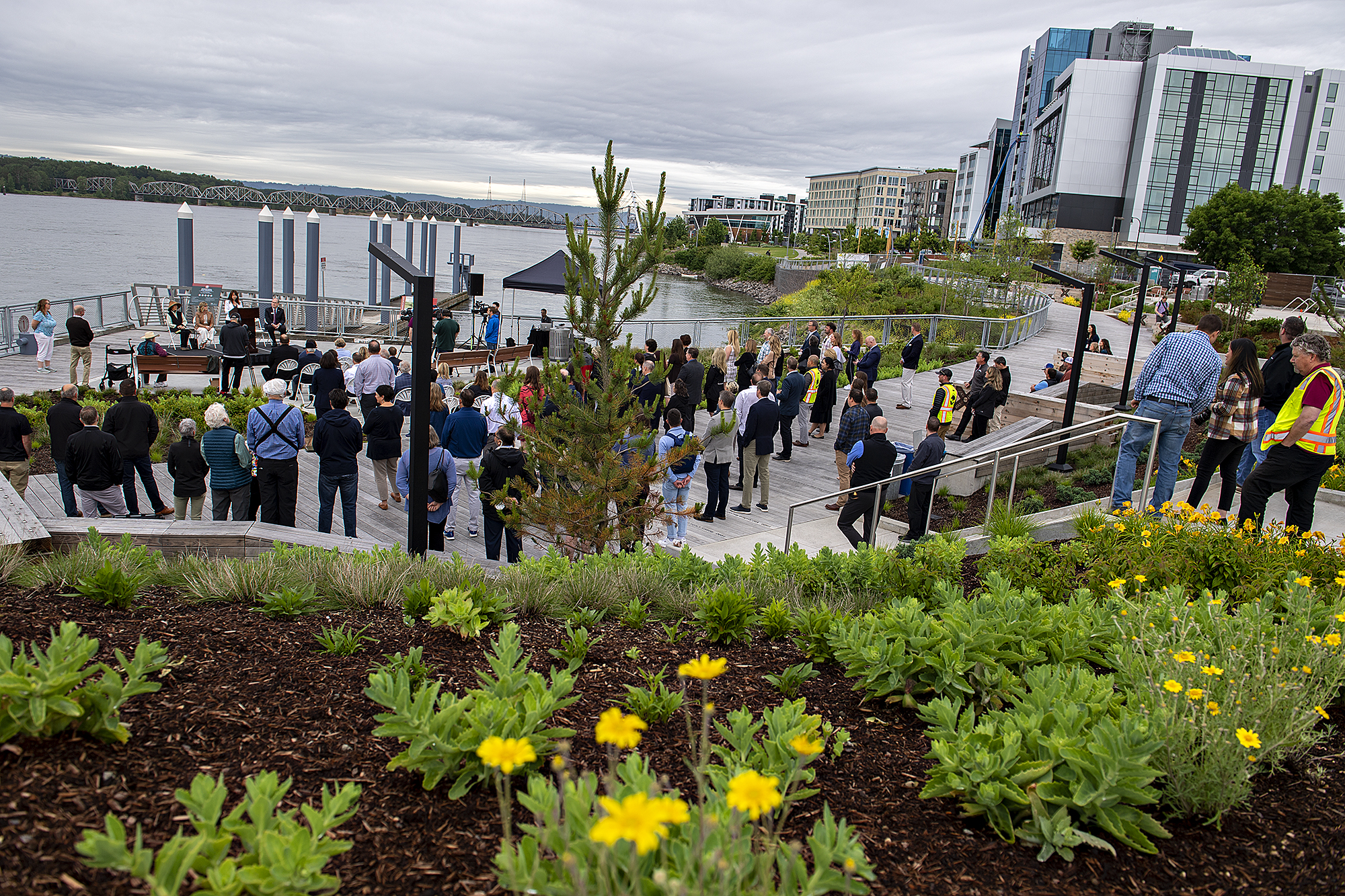 Julianna Marler, CEO of the Port of Vancouver USA, speaks to the crowd as they gather to celebrate the opening of the new Vancouver Landing, which is a part of the Terminal 1 development, at the Waterfront Vancouver, on Thursday morning, June 9, 2022.