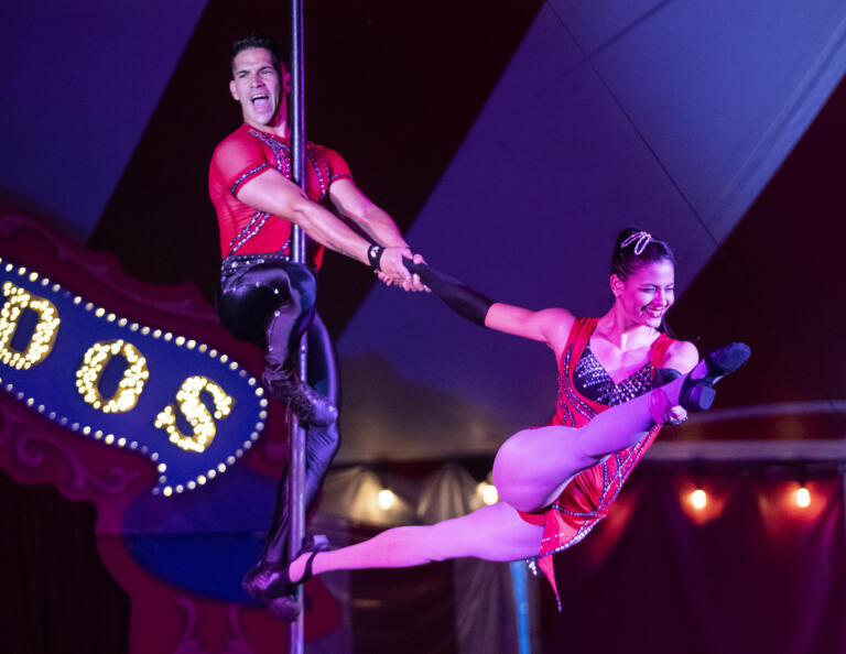 Manuel, left, and Ilenay Acosta perform Thursday, June 9, 2022, during a Venardos Circus performance at the Vancouver Mall. The circus is in Vancouver for the first time and has shows running through June 19th.