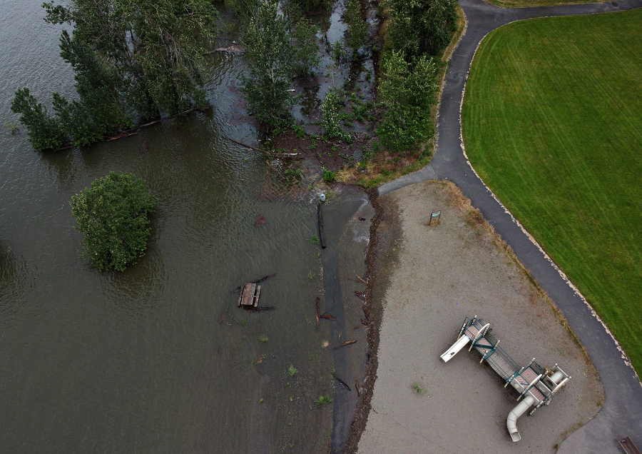 The Columbia River swamps parts of Frenchman's Bar Regional Park on Monday as the river, swollen with snowmelt and last week's heavy rains, reached flood stage in Vancouver.