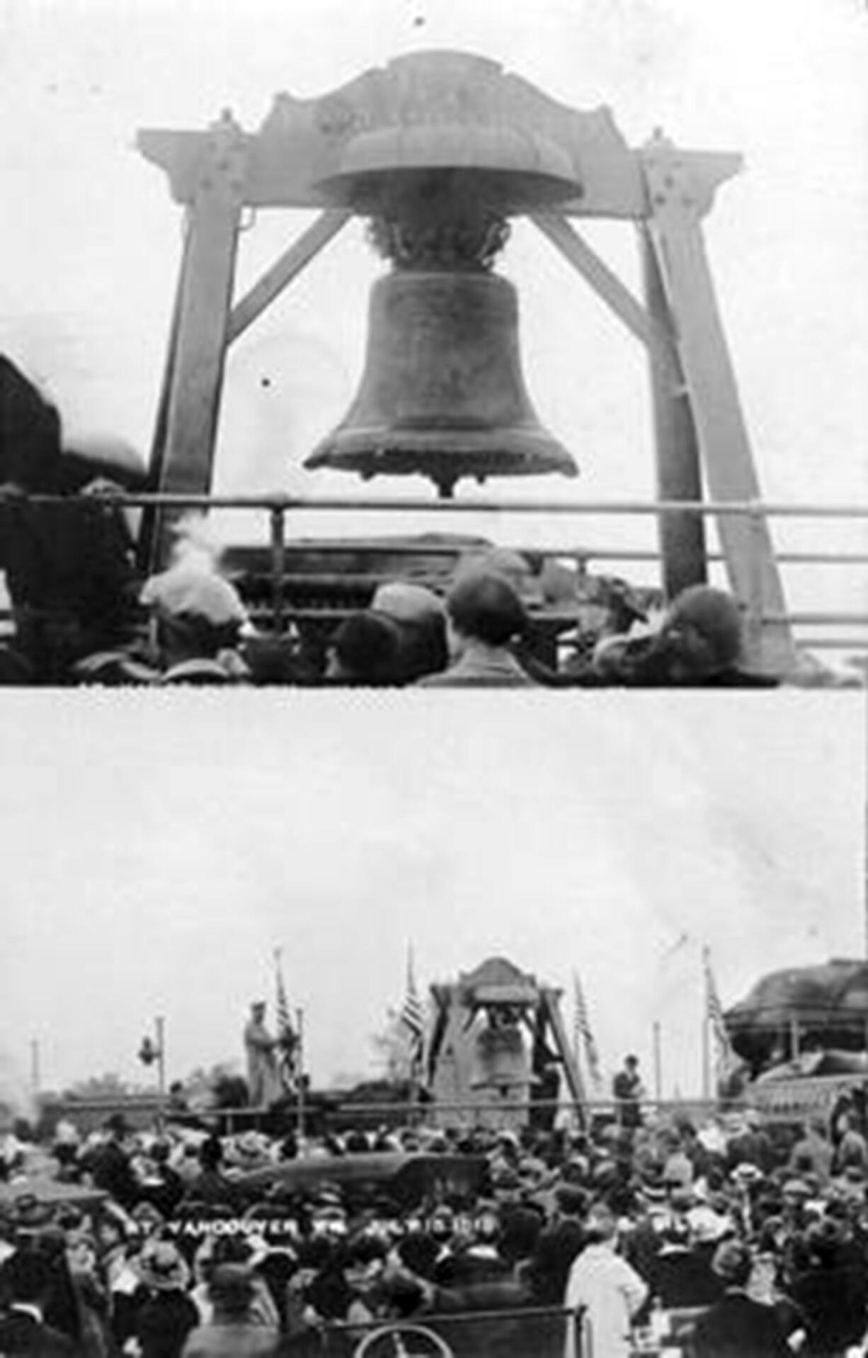 Two photos of the Liberty Bell, a close-up and a wide-angle, show the early morning crowd gathered near Vancouver's Northern Pacific railroad depot. The bell toured the nation's heartland and then headed down the West Coast to promote the San Francisco Panama-Pacific Exhibition in the summer of 1915.