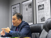 Washington Secretary of State Steve Hobbs talks to The Columbian Editorial Board on Tuesday. Hobbs is up for re-election this year. He took office in 2021 after former Secretary of State Kim Wyman resigned to take a position with the Biden administration.