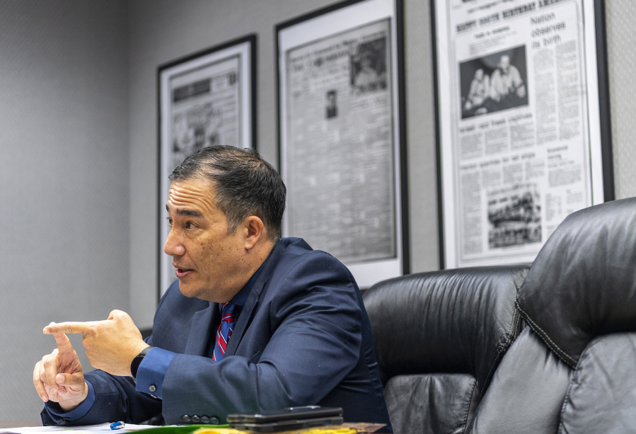 Washington Secretary of State Steve Hobbs talks to The Columbian Editorial Board on Tuesday. Hobbs is up for re-election this year. He took office in 2021 after former Secretary of State Kim Wyman resigned to take a position with the Biden administration.