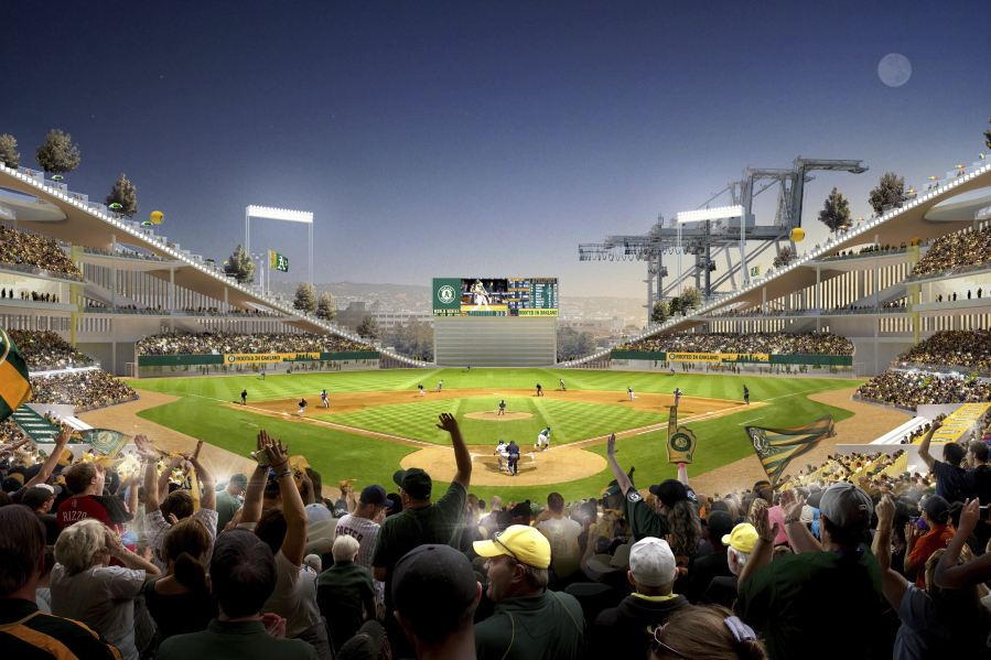 In this artists rendering provided by the Oakland Athletics is a home plate view of their proposed ballpark at Howard Terminal near Jack London Square in Oakland, Calif. The San Francisco Bay and Development Commission are to vote Thursday, June 30, 2022, on the Oakland Athletics' application to remove Howard Terminal's port designation. A vote in favor would clear the way for designation as a mixed-use development site.