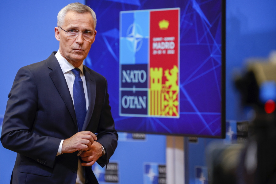 NATO Secretary General Jens Stoltenberg speaks during a media conference prior to a NATO summit in Brussels, Monday, June 27, 2022. NATO heads of state will meet for a NATO summit in Madrid beginning on Tuesday, June 28.
