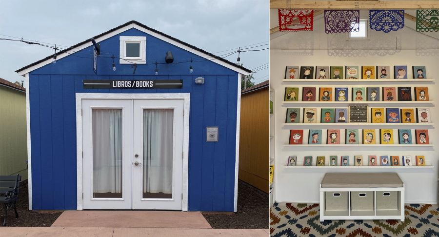 This combination of photos show Los Amigos Books in Berwyn, Ill. The store, launched by Laura Romani, focuses on children's stories in English and Spanish. (Laura Rodr?guez-Roman?