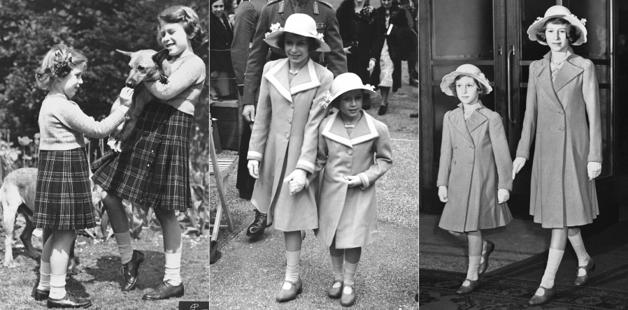 This combination of photos shows, from left, Princess Margaret Rose feeding a biscuit to a Pembrokeshire Corgi held by Princess Elizabeth on July 5, 1936, Princess Elizabeth and Princess Margaret Rose on June 7, 1938, and Princess Margaret Rose and Princess Elizabeth at the International Horse Show in London on June 21, 1939. The princesses often dressed alike as children and into their teens.