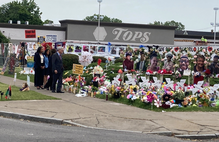 Attorney General Merrick Garland. visits the Tops Friendly Market grocery store in Buffalo, N.Y., on Wednesday, June 15, 2022, the site of a May 14 mass shooting in which 10 Black people were killed.  Garland was in Buffalo to announce federal hate crime charges against the 18-year-old shooter, Payton Gendron.