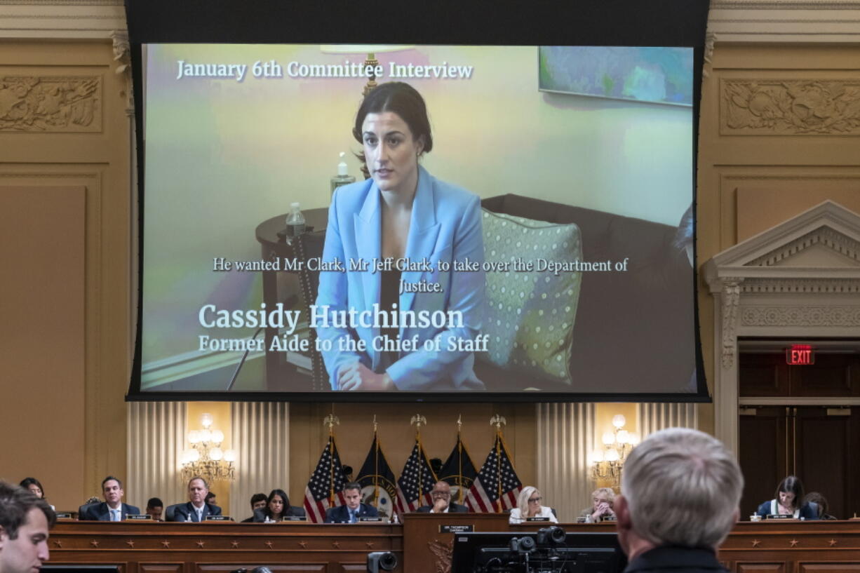 Cassidy Hutchinson, a top former aide to Trump White House Chief of Staff Mark Meadows, is seen in a video of her interview with the House select committee investigating the Jan. 6 attack on the U.S. Capitol, during a hearing on Thursday, June 23, 2022, at the Capitol in Washington. (AP Photo/J.
