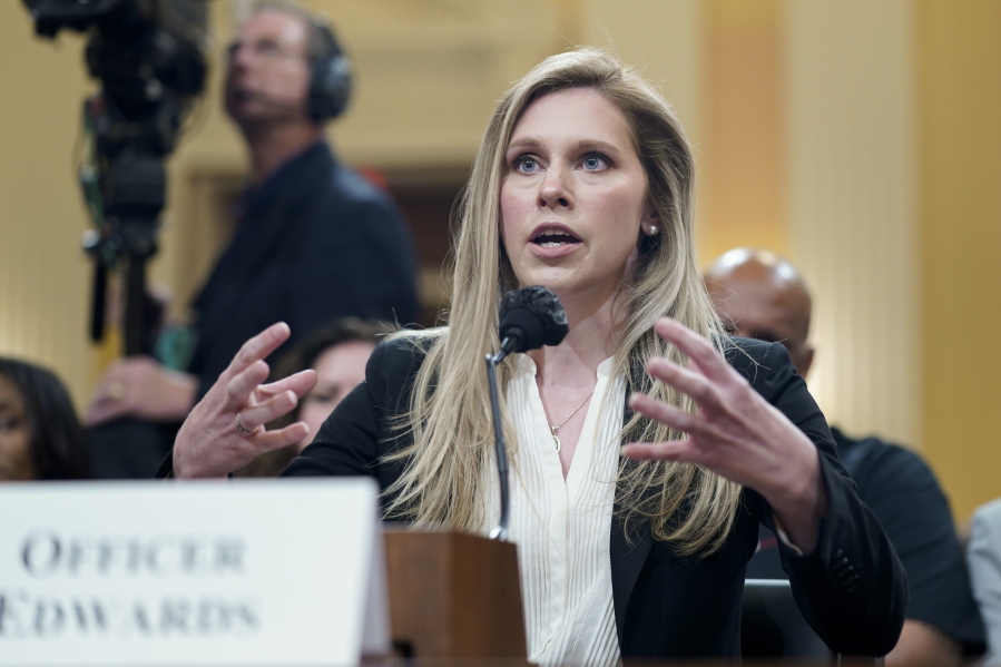 U.S. Capitol Police officer Caroline Edwards testifies as the House select committee investigating the Jan. 6 attack on the U.S. Capitol holds its first public hearing to reveal the findings of a year-long investigation, on Capitol Hill in Washington, Thursday, June 9, 2022.