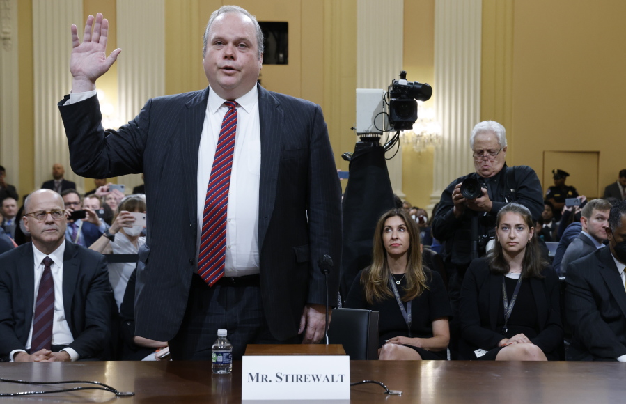 Former Fox News politics editor Chris Stirewalt is sworn in as a hearing by the House select committee investigating the Jan. 6 attack on the U.S. Capitol continues, Monday, June 13, 2022 on Capitol Hill in Washington.
