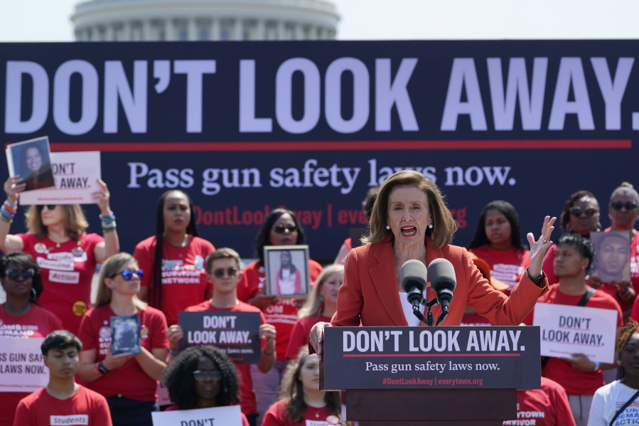 House Speaker Nancy Pelosi of Calif., speaks during a protest near Capitol Hill in Washington, Wednesday, June 8, 2022, sponsored by Everytown for Gun Safety and its grassroots networks, Moms Demand Action and Students Demand Action. Protesters are demanding that Congress act on gun safety issues.