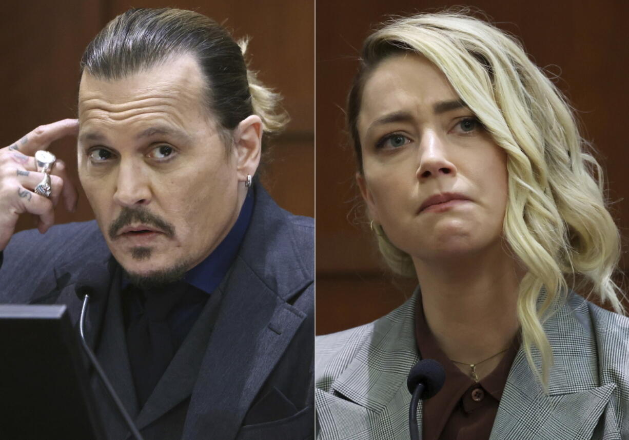 This combination of photos shows actor Johnny Depp testifying at the Fairfax County Circuit Court in Fairfax, Va., on April 21, 2022, left, and actor Amber Heard testifying in the same courtroom on May 26, 2022. The judge in the Johnny Depp-Amber Heard defamation trial made a jury's award official Friday with a written order for Heard to pay Depp $10.35 million for damaging his reputation by describing herself as a domestic abuse victim in an op-ed piece she wrote.