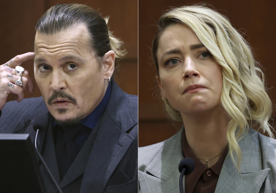 This combination of photos shows actor Johnny Depp testifying at the Fairfax County Circuit Court in Fairfax, Va., on April 21, 2022, left, and actor Amber Heard testifying in the same courtroom on May 26, 2022. The judge in the Johnny Depp-Amber Heard defamation trial made a jury's award official Friday with a written order for Heard to pay Depp $10.35 million for damaging his reputation by describing herself as a domestic abuse victim in an op-ed piece she wrote.