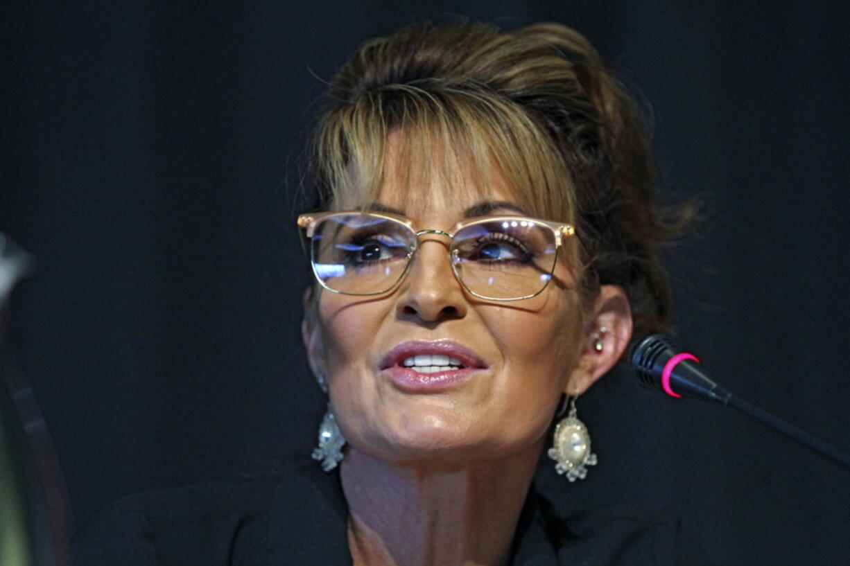 FILE - Sarah Palin, a Republican seeking the sole U.S. House seat in Alaska, speaks during a forum for candidates, Thursday, May 12, 2022, in Anchorage, Alaska. Palin and Republican Nick Begich have advanced to the August special election for the state's only U.S. House seat.