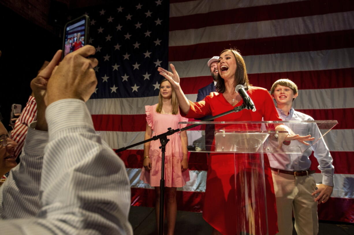 Republican U.S. Senate candidate Katie Britt speaks to supporters after securing the nomination during a runoff against Mo Brooks on Tuesday, June 21, 2022, in Montgomery, Ala.