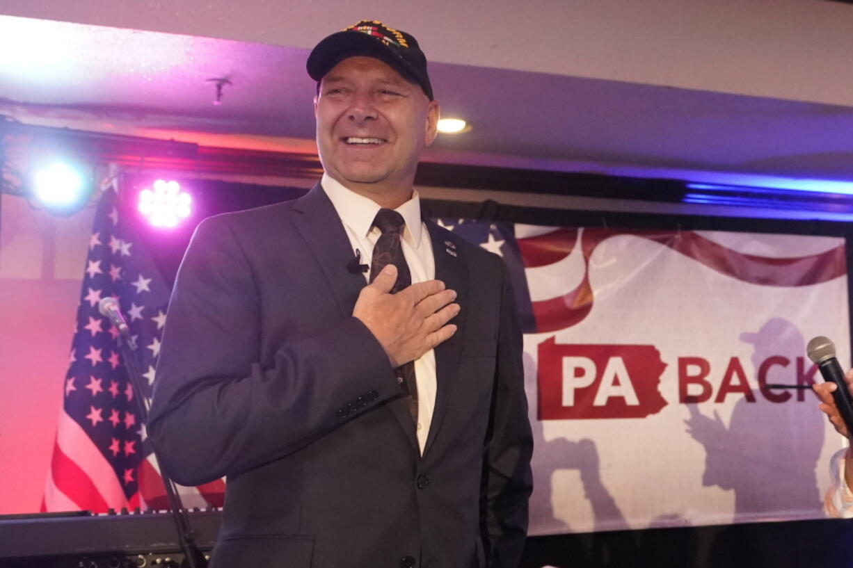 FILE - State Sen. Doug Mastriano, R-Franklin, a Republican candidate for governor of Pennsylvania, takes part in a primary night election gathering in Chambersburg, Pa., Tuesday, May 17, 2022.