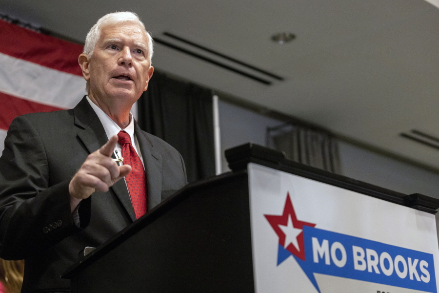 FILE - Mo Brooks speaks to supporters at his watch party for the Republican nomination for U.S. Senator of Alabama at the Huntsville Botanical Gardens, May 24, 2022, in Huntsville, Ala. Brooks is running to be the GOP nominee for the seat being vacated by 88-year-old Republican Sen. Richard Shelby.