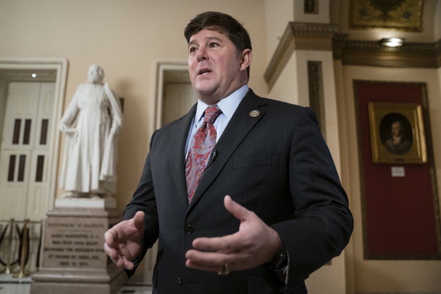 FILE - In this Feb. 15, 2019, file photo, Rep. Steven Palazzo, R-Miss., speaks during a television news interview on Capitol Hill in Washington. Palazzo is facing six opponents including a sheriff, Mike Ezell, and a state senator, Brice Wiggins, in the 2022 Republican primary. (AP Photo/J.