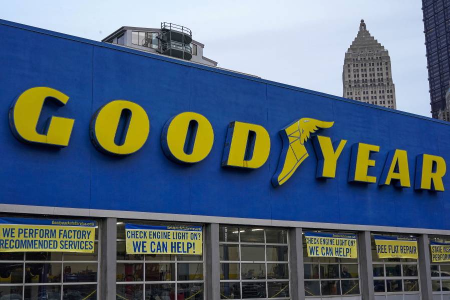 FILE - This is a Goodyear tire garage in downtown Pittsburgh on Wednesday, Jan. 12, 2022. Nine years after the last one was made, Goodyear has agreed to recall more than 173,000 recreational vehicle tires that the government says can fail and have killed or injured 95 people since 1998. (AP Photo/Gene J.