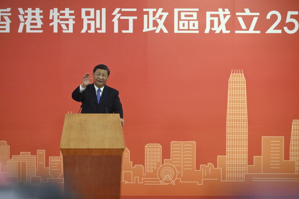 China's President Xi Jinping delivers a speech after arriving for the upcoming handover anniversary by train in Hong Kong, Thursday, June 30, 2022. Xi has arrived in Hong Kong ahead of the 25th anniversary of the British handover and after a two-year transformation bringing the city more tightly under Communist Party control.