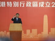 China's President Xi Jinping delivers a speech after arriving for the upcoming handover anniversary by train in Hong Kong, Thursday, June 30, 2022. Xi has arrived in Hong Kong ahead of the 25th anniversary of the British handover and after a two-year transformation bringing the city more tightly under Communist Party control.
