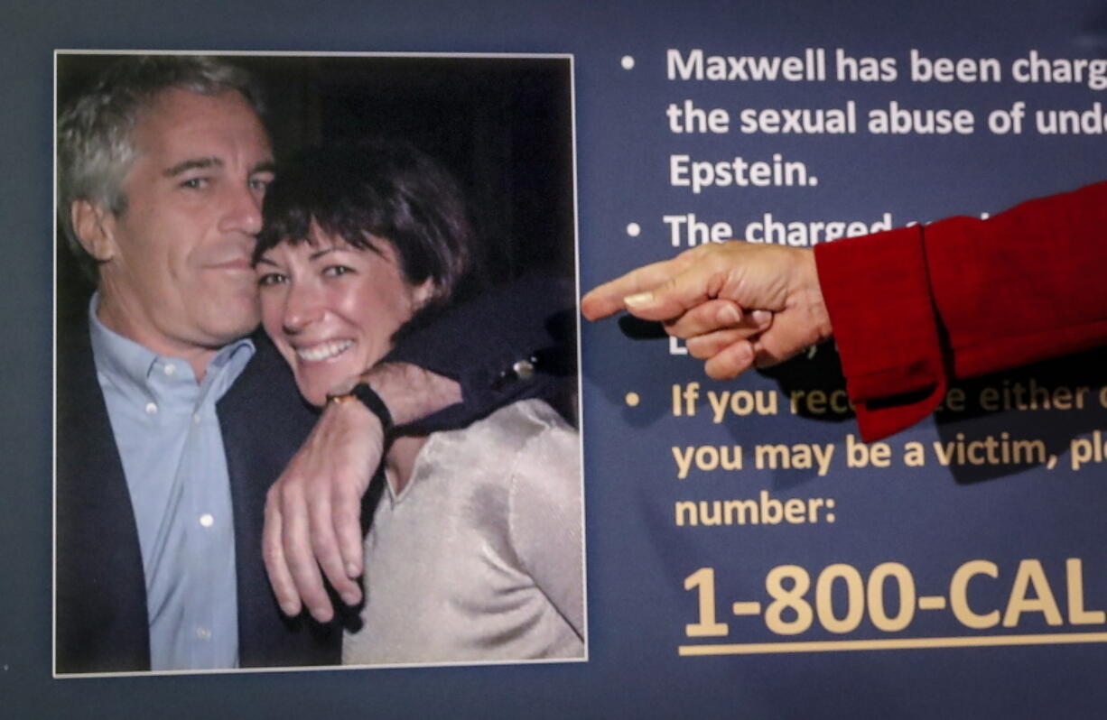 FILE - Audrey Strauss, acting U.S. attorney for the Southern District of New York, points to a photo of Jeffrey Epstein and Ghislaine Maxwell, during a news conference in New York, on July 2, 2020. Maxwell faces the likelihood of years in prison when she is sentenced for helping the wealthy financier Jeffrey Epstein sexually abuse underage girls. The sentencing hearing, Tuesday, June 28, 2022, in New York will be the culmination of a prosecution that detailed how Epstein and Maxwell flaunted their riches and associations with prominent people to groom vulnerable girls and then exploit them.