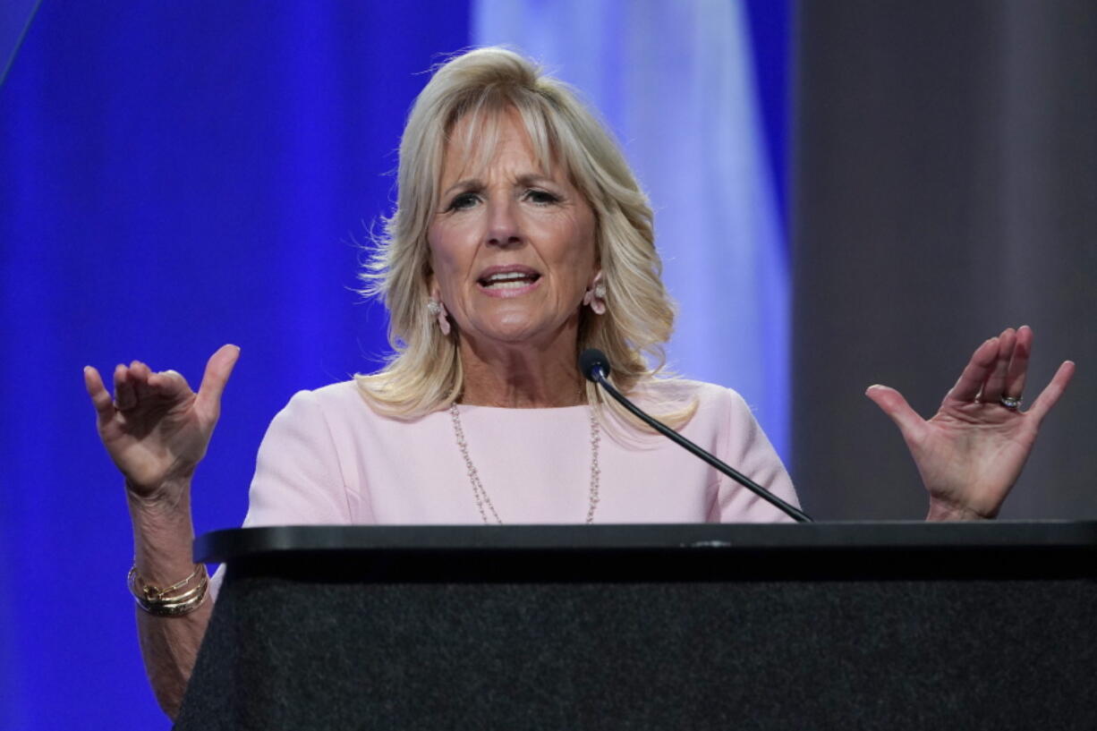 First lady Jill Biden speaks at the 125th Anniversary Convention of the National Parent Teacher Association (PTA) in National Harbor, Md., Friday, June 17, 2022.
