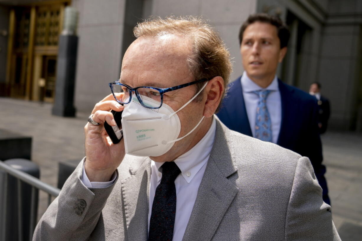 FILE - Actor Kevin Spacey leaves court after testifying in a civil lawsuit, Thursday, May 26, 2022, in New York. A sex-assault civil lawsuit against Spacey can proceed in federal court in New York City, a federal judge ruled Monday, June 6.