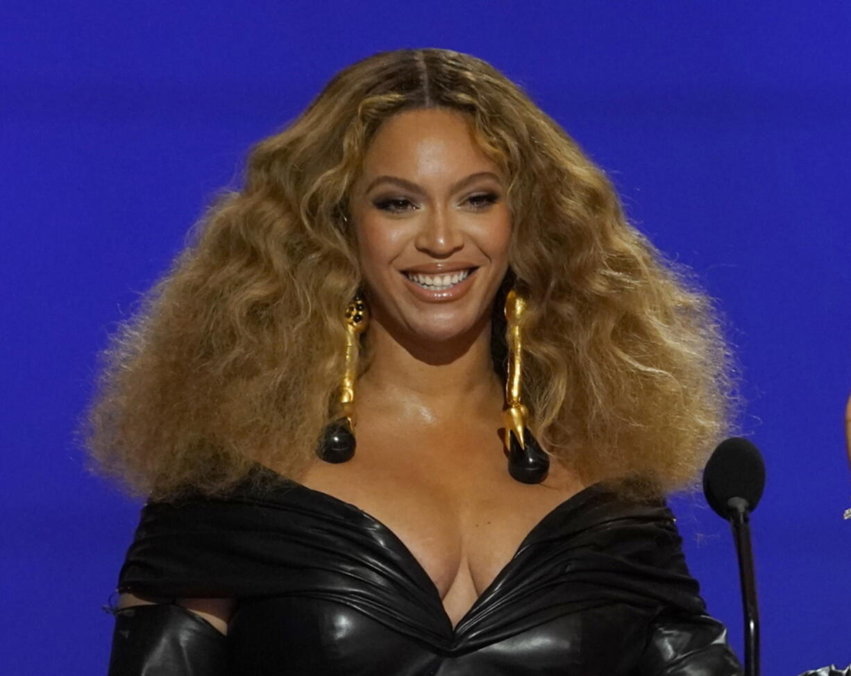 FILE - Beyonce appears at the 63rd annual Grammy Awards in Los Angeles on March 14, 2021. Beyonc?