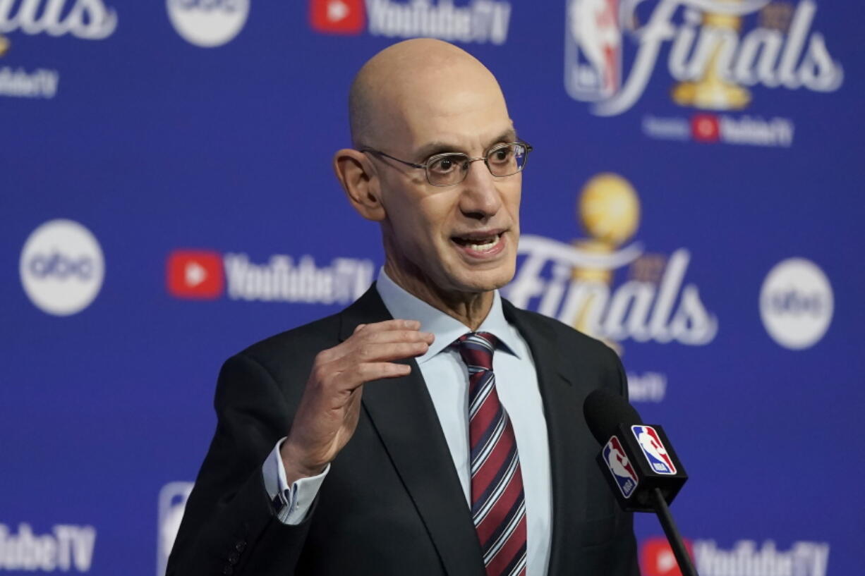 NBA Commissioner Adam Silver speaks at a news conference before Game 1 of basketball's NBA Finals between the Golden State Warriors and the Boston Celtics in San Francisco, Thursday, June 2, 2022.