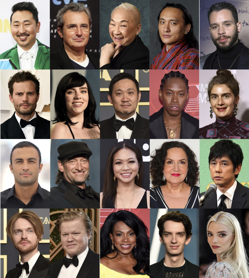This combination of photos shows some of the new members named to the Academy of Motion Picture Arts and Sciences, top row from left, Andrew Ahn, Mariano Barroso, Lori Tan Chinn, Pawo Choyning Dorji, and Robin de Jes?s, second row from left, Jamie Dornan, Billie Eilish, Ryusuke Hamaguchi , Jeremy O. Harris, and Gaby Hoffmann, third row from left, Amir Jadidi, Troy Kotsur, Adele Lim, Olga Merediz, and Hidetoshi Nishijima, bottom row from left, Finneas O'Connell, Jesse Plemons, Sheryl Lee Ralph, Kodi Smit-McPhee, and Anya Taylor-Joy.