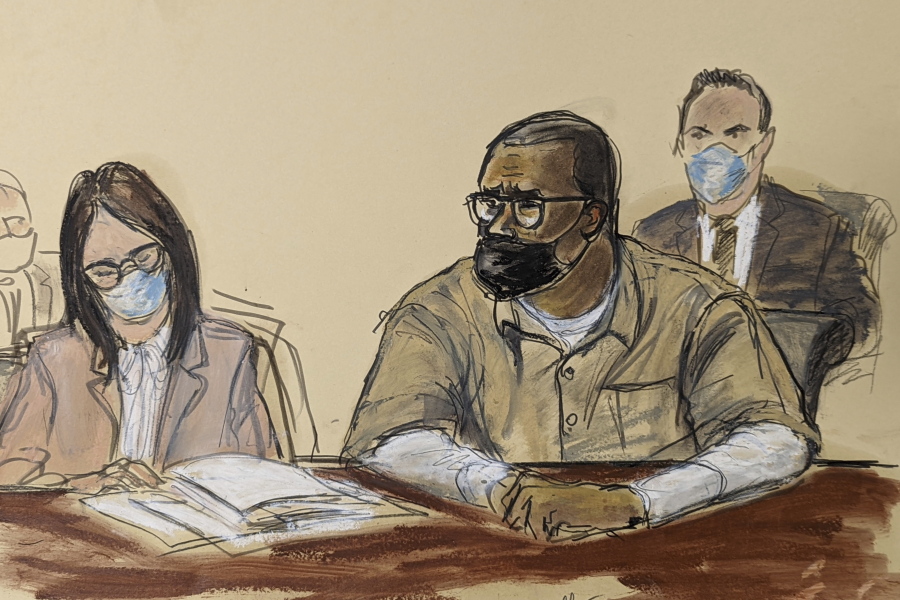 In this courtroom sketch, R. Kelly and his attorney Jennifer Bonjean, left, appear during his sentencing hearing in federal court, Wednesday, June 29, 2022, in New York. The former R&B superstar was convicted of racketeering and other crimes.